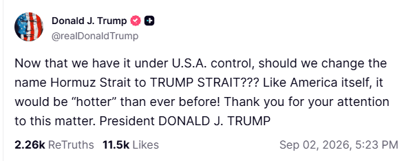 Trump Vil Navngive Hormuzstrædet Efter Sig Selv